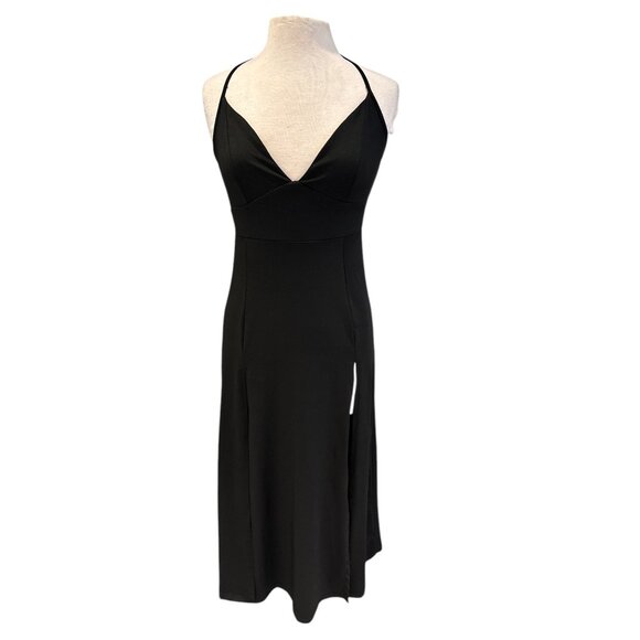 N/A Dresses & Skirts - Black Halter Midi Dress With Adjustable Tie Back & Deep V-Neckline 95% Polyester